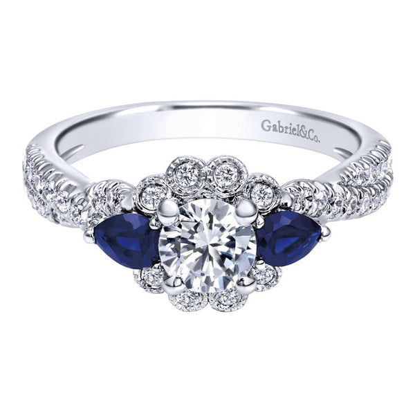 Azurine - 14k White Gold 1 Carat Round 3 Stone Halo Sapphire & Natural  Diamond Engagement Ring @ $2550 | Gabriel & Co.